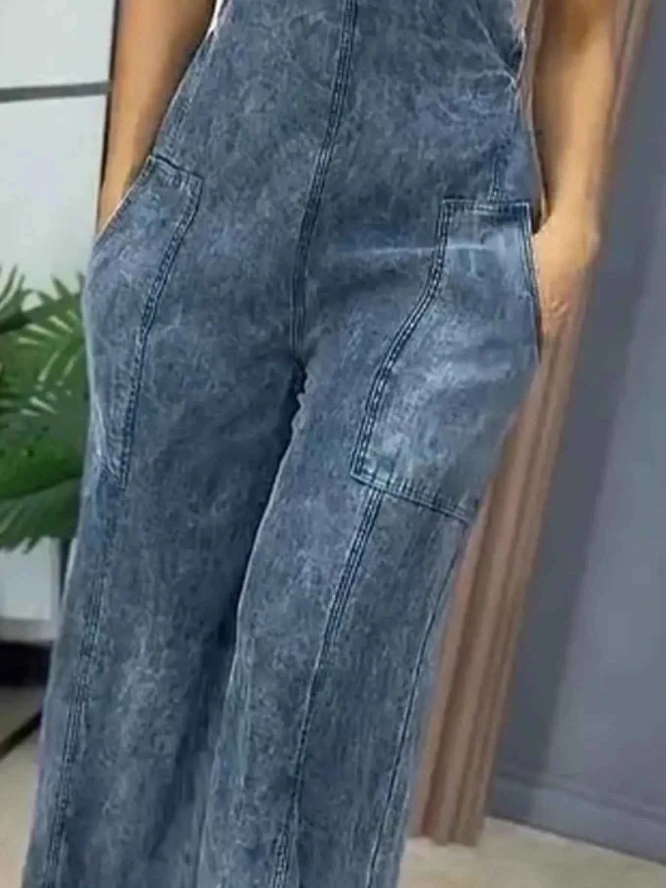 Plus Size Wide Leg Washed Denim Overalls.