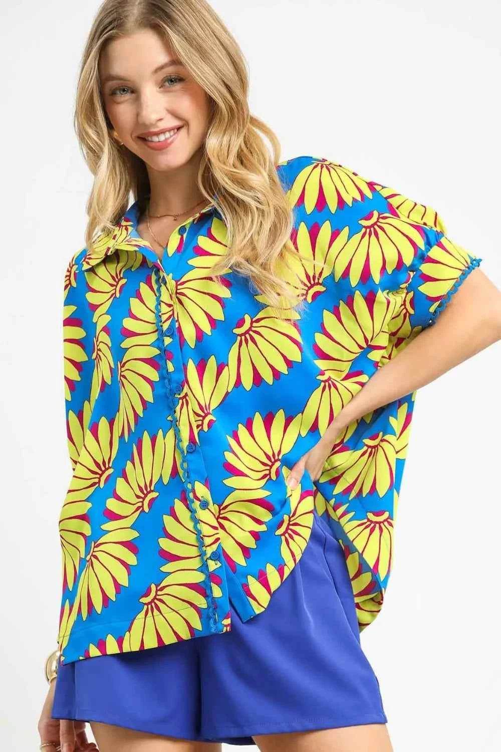 Umgee Sunflower Print Shirt - Button-Up Relaxed Style for Effortless Fashion - EBYNN