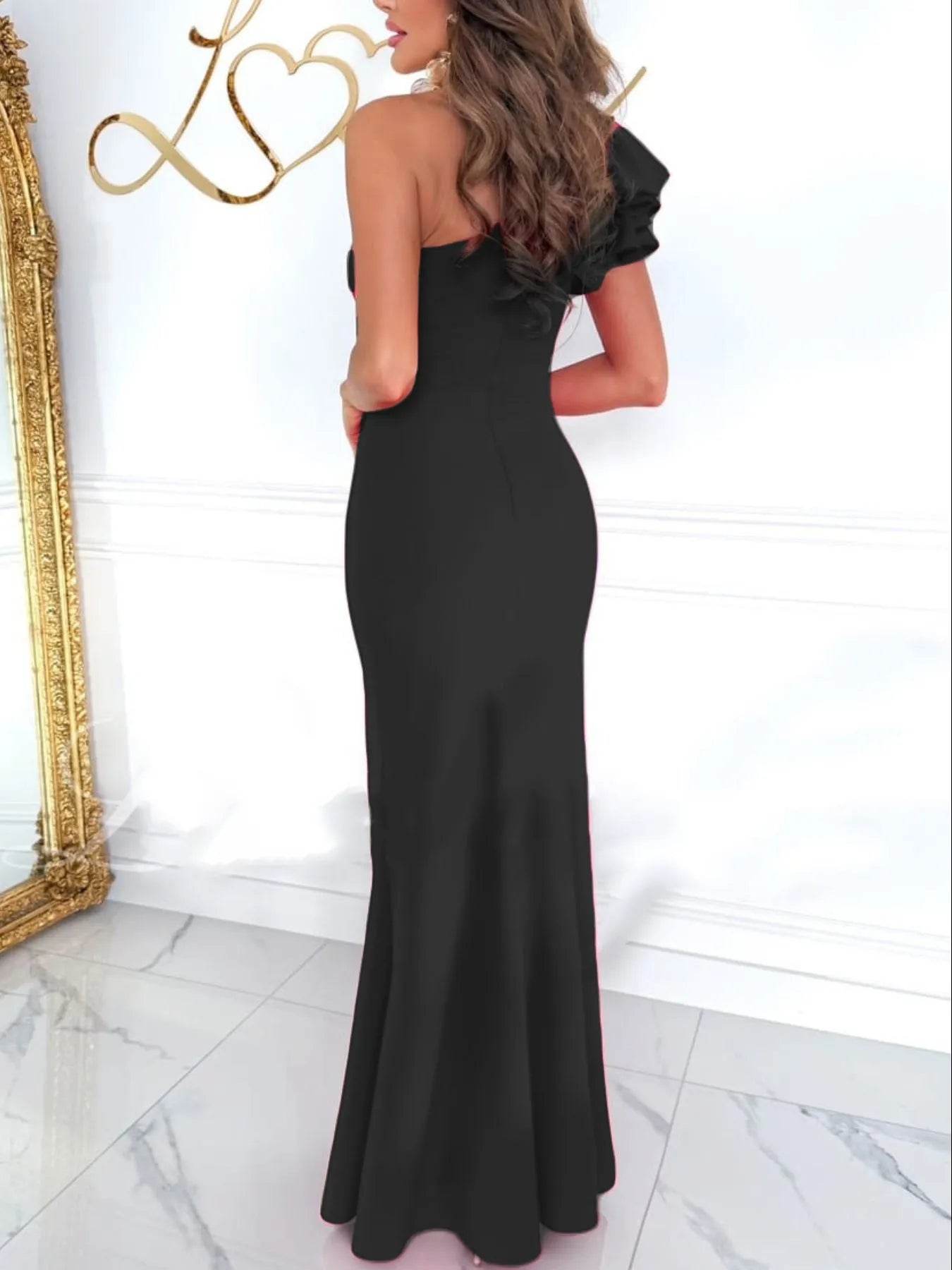 Cutout One Shoulder Ruffle Split Dress.
