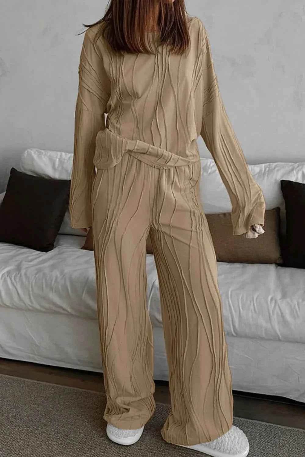 Texture Dropped Shoulder Long Sleeve Top and Pants Set.