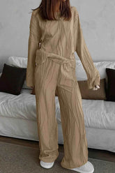 Texture Dropped Shoulder Long Sleeve Top and Pants Set.
