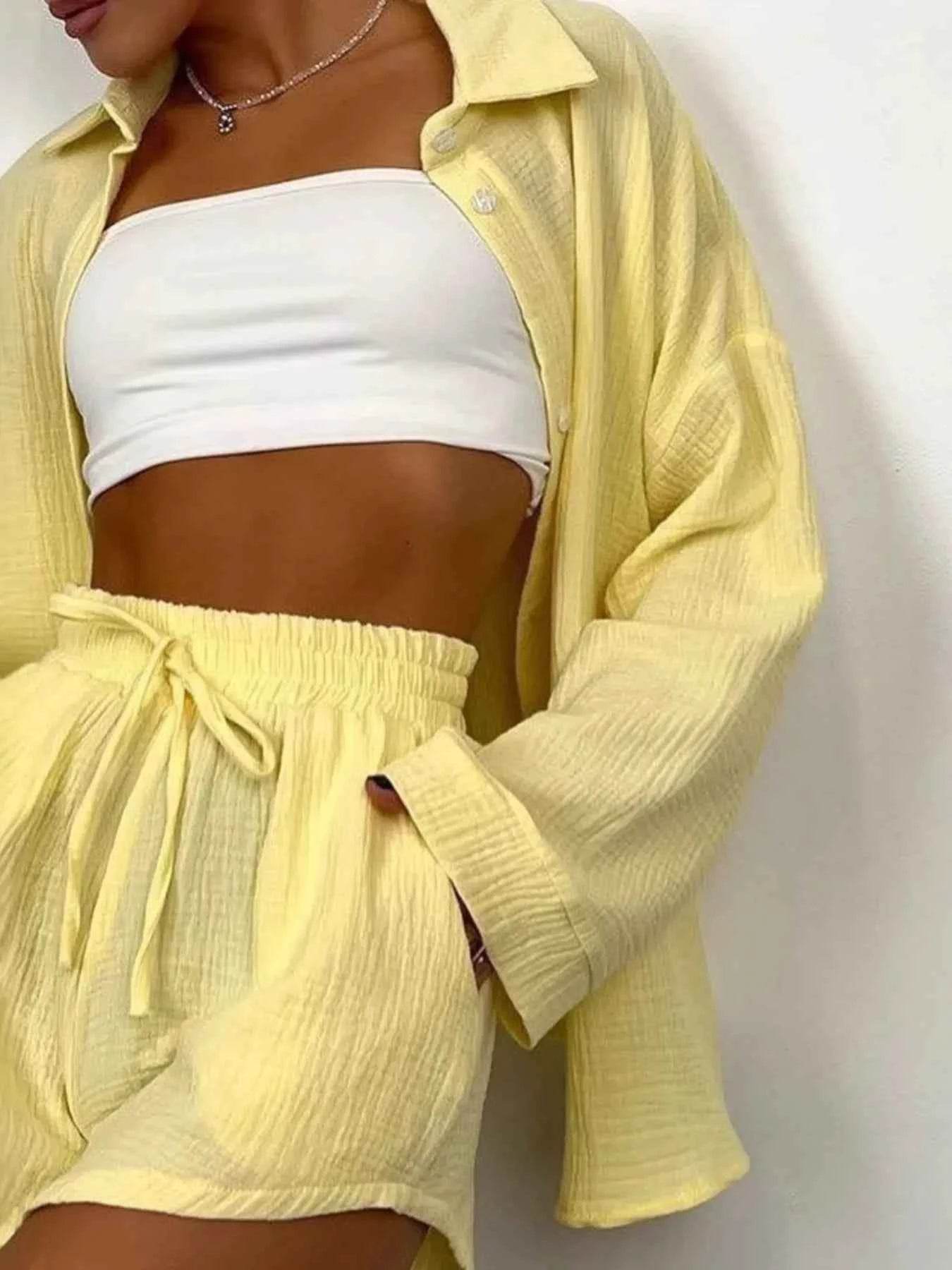 Texture Button Up Shirt and Shorts Set - EBYNN