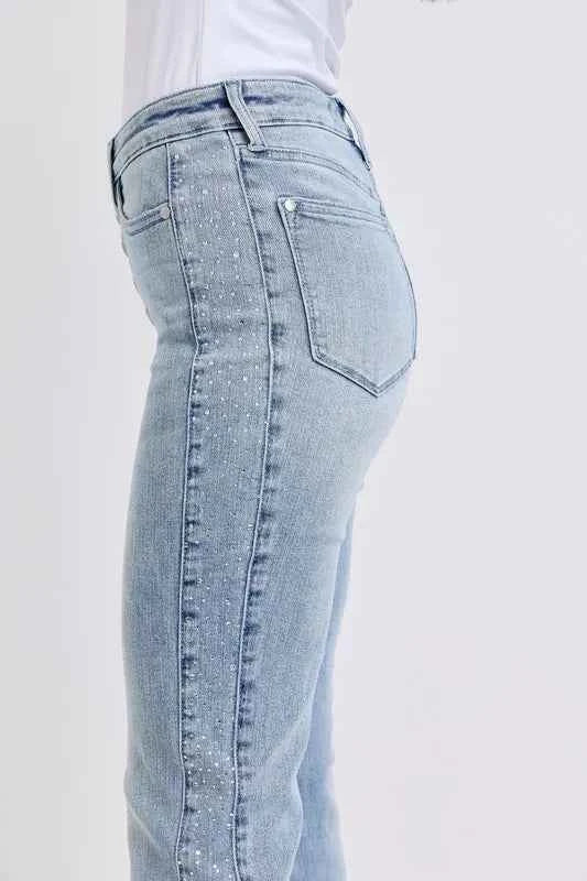 Judy Blue Plus Size Mid Rise Flare Jeans with Rhinestone Detail.