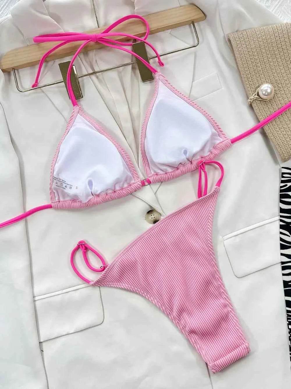 Ribbed Tie Back High Cut Bikini Set.