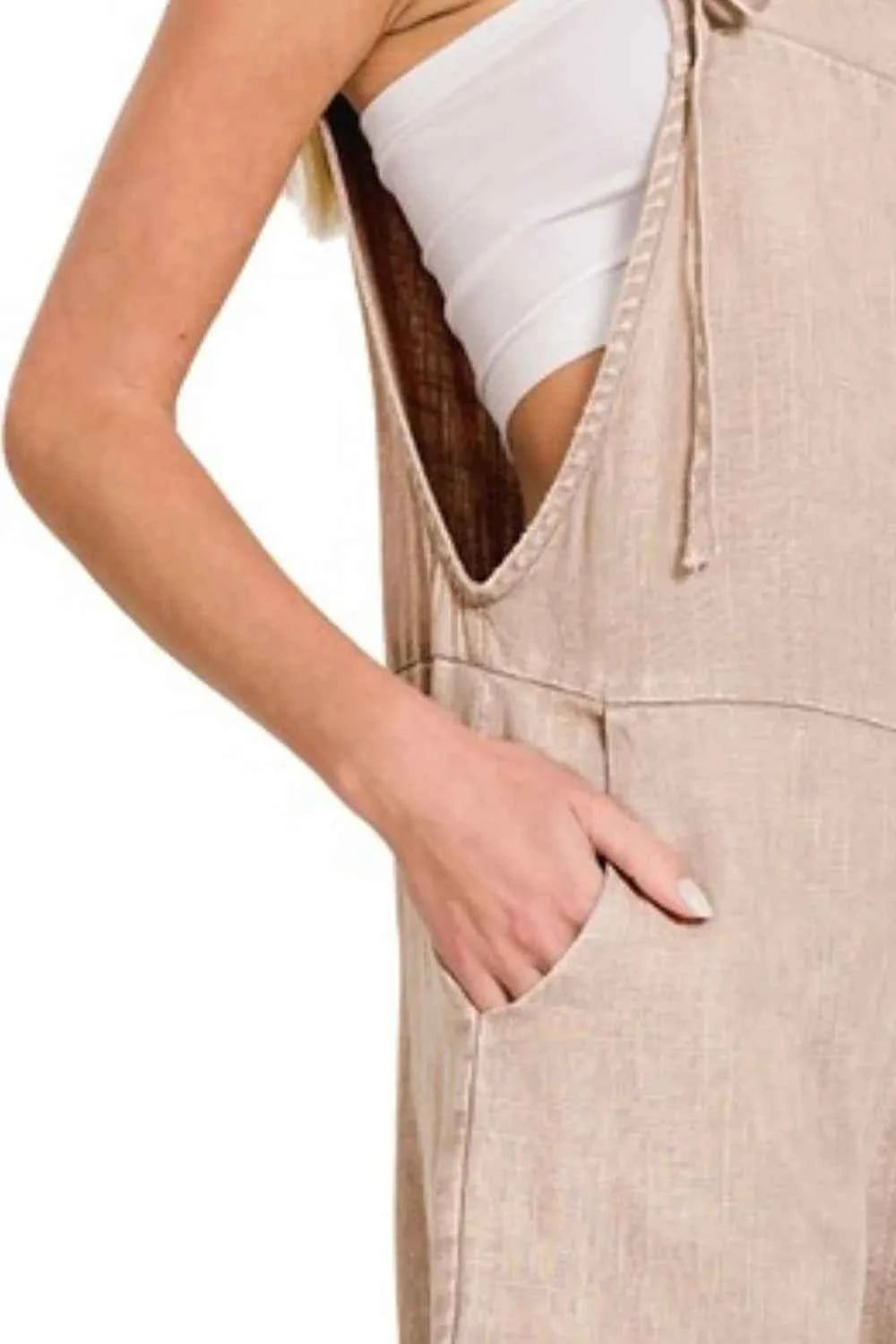 Zenana Washed Linen Knot Strap Romper in Coffee Brown.