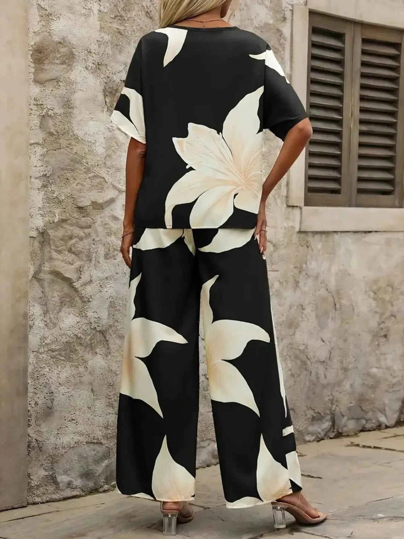 Printed V-Neck Top and Pants Set.