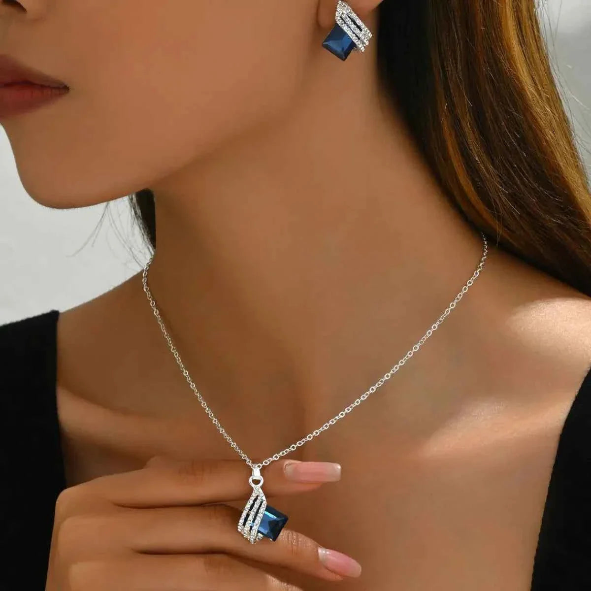 Stainless Steel Geometric Crystal Jewelry Set.