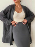Pocketed Long Sleeve Cardigan and Skirt Sweater Set.