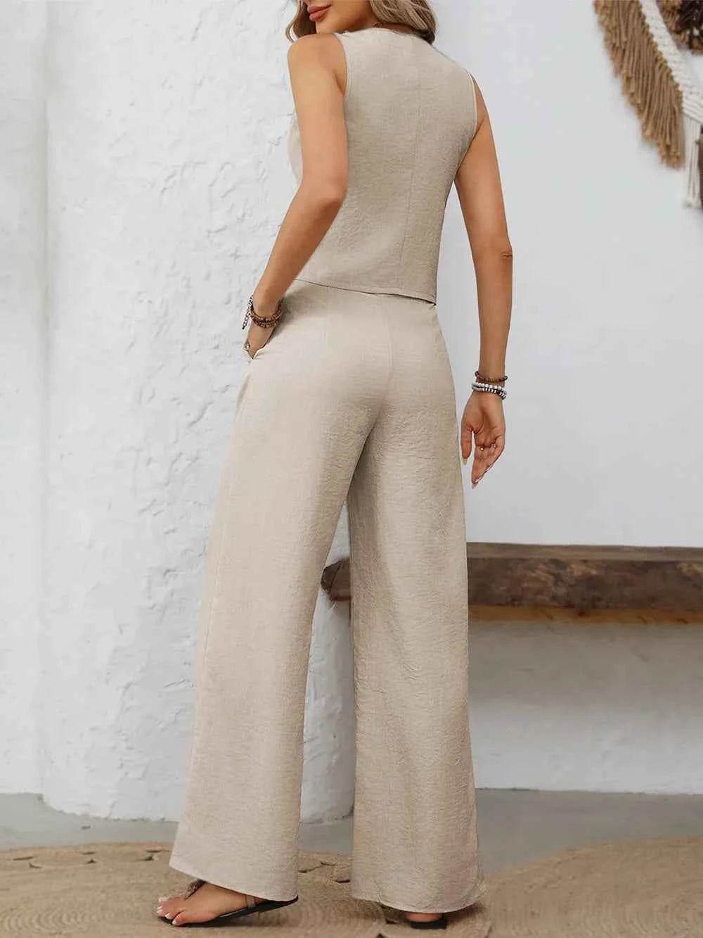V-Neck Vest and Wide Leg Pants Set for Effortless Style - EBYNN