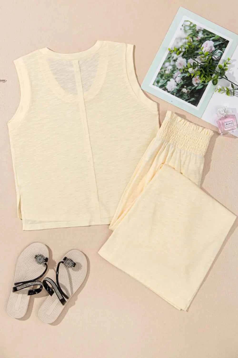 Solid Color Tank Top & Smocked Waist Pants Set - EBYNN