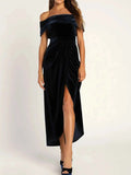 Off-Shoulder Wrap Dress with Side Slit.