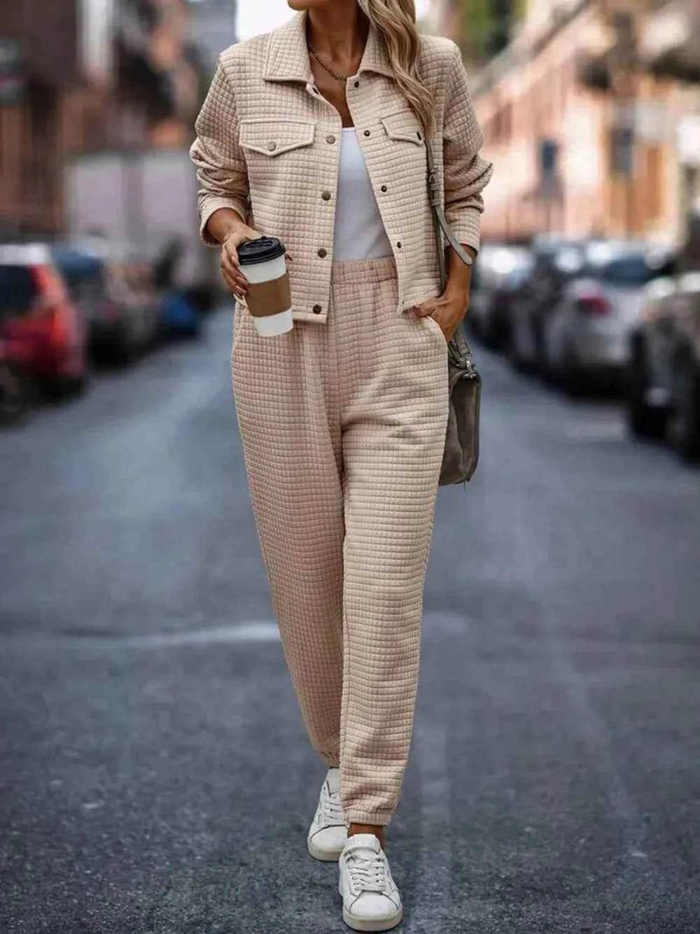 Plaid Texture Snap Down Top and Pants Set.