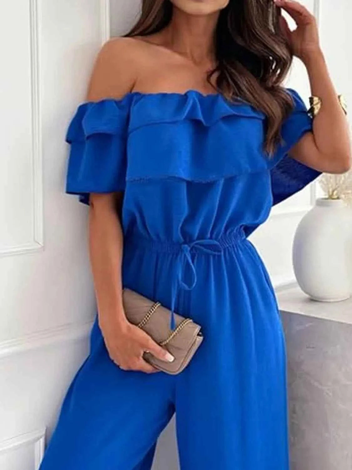 Off-Shoulder Ruffled Wide Leg Jumpsuit.