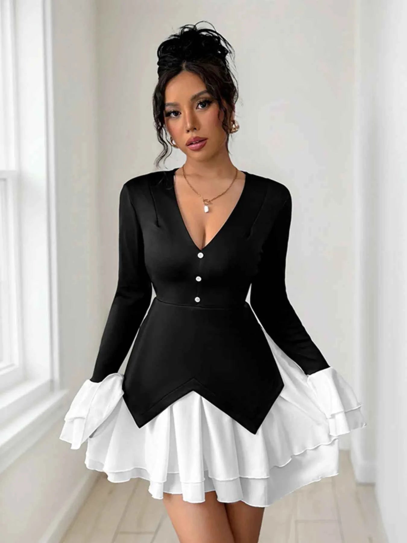 Two Tone V-Neck Long Sleeve Mini Dress.