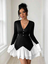 Two Tone V-Neck Long Sleeve Mini Dress.