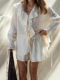 Ruffled Long Sleeve Shirt and Shorts Set - EBYNN