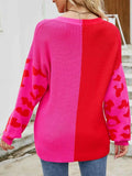 Color Block Leopard Print V-Neck Sweater.