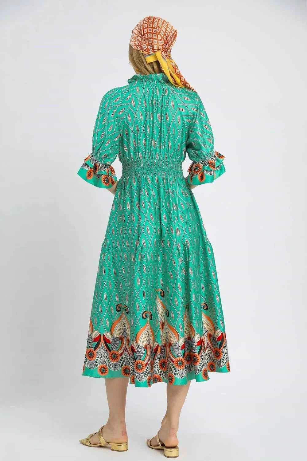 Umgee Bohemian Printed Midi Dress with Smocked Waist.