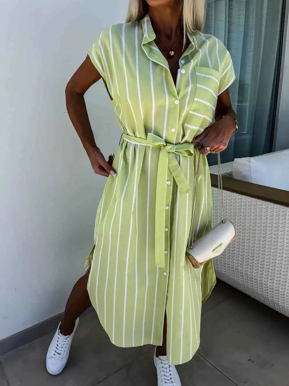 Striped Tie Waist Short Sleeve Dress.