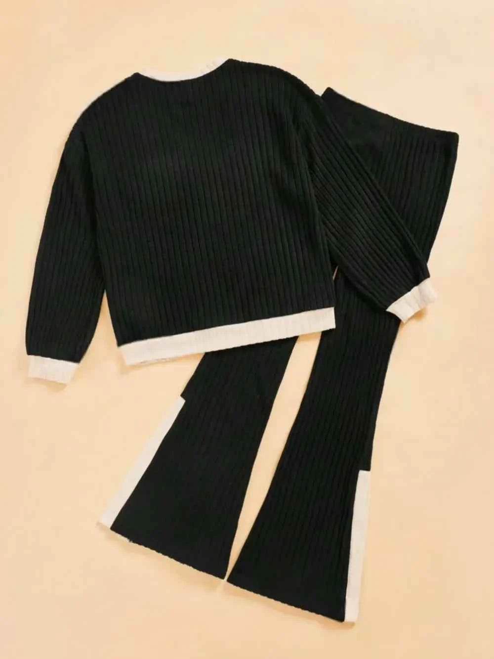 Contrast Round Neck Long Sleeve Top & Bootcut Pants Set.