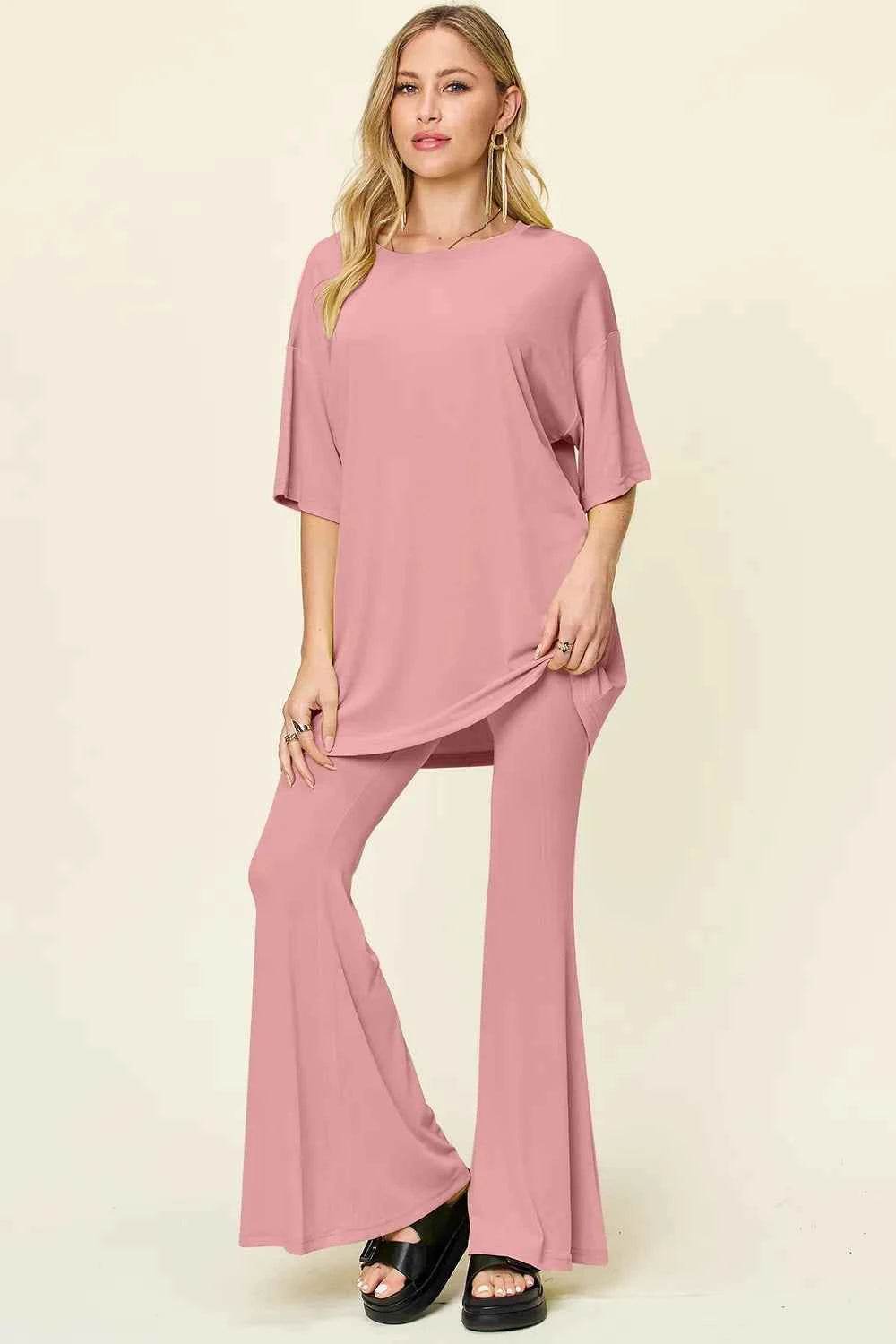 Double Take T-Shirt and Pants Set: Full Size Round Neck Drop Shoulder Style with Flare Pants - EBYNN