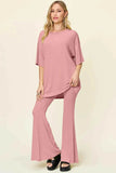 Double Take T-Shirt and Pants Set: Full Size Round Neck Drop Shoulder Style with Flare Pants - EBYNN