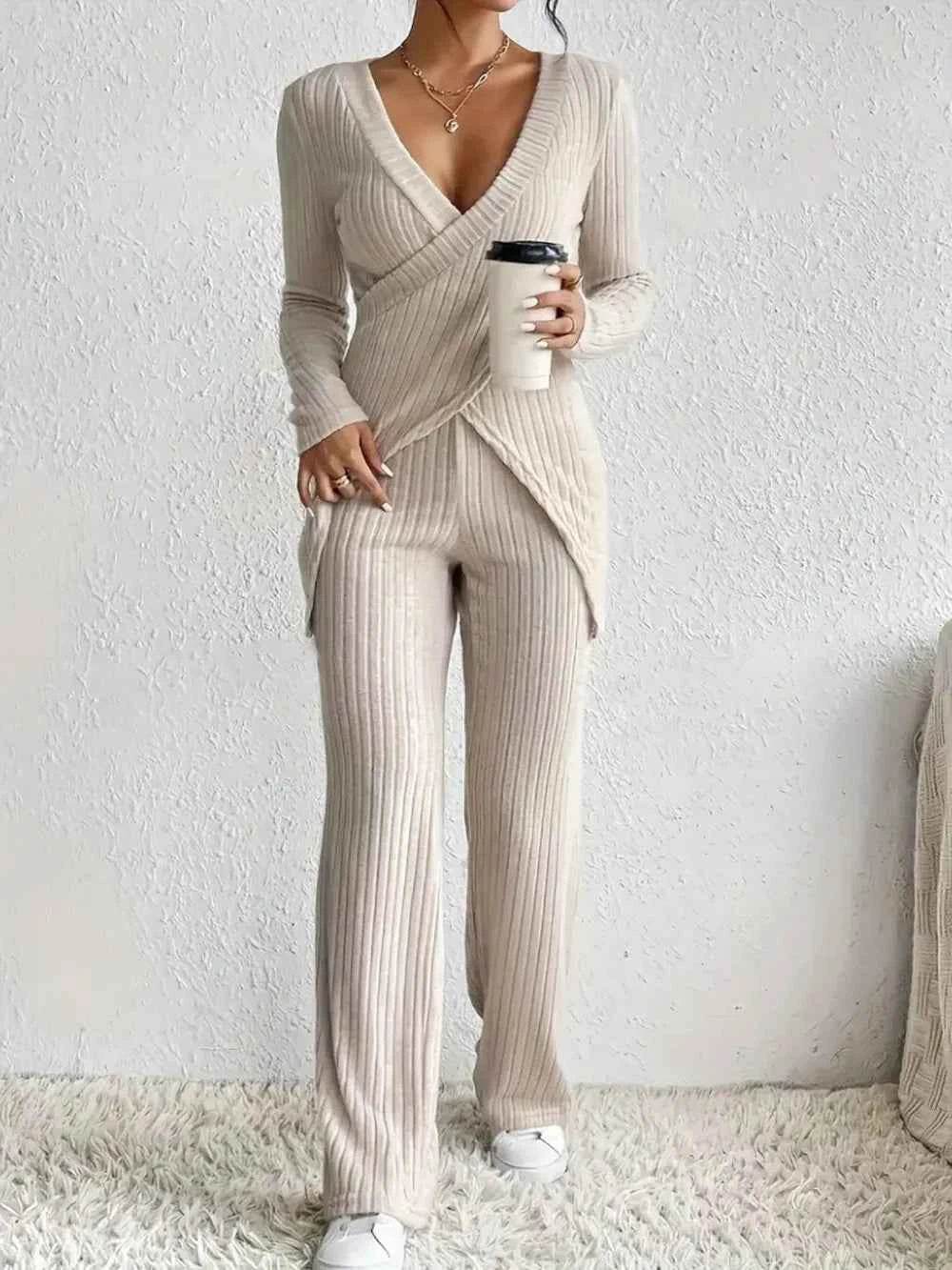 Surplice Long Sleeve Top and Pants Set - EBYNN