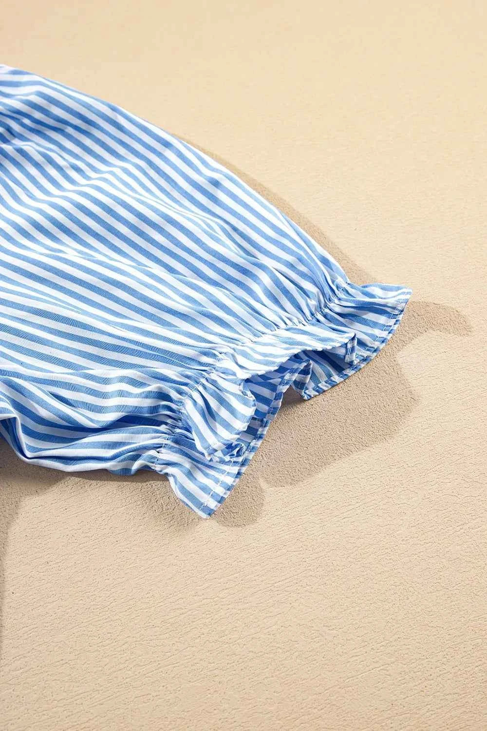 Stripe Bubble Short Sleeve Tiered Scallop Midi Dress.