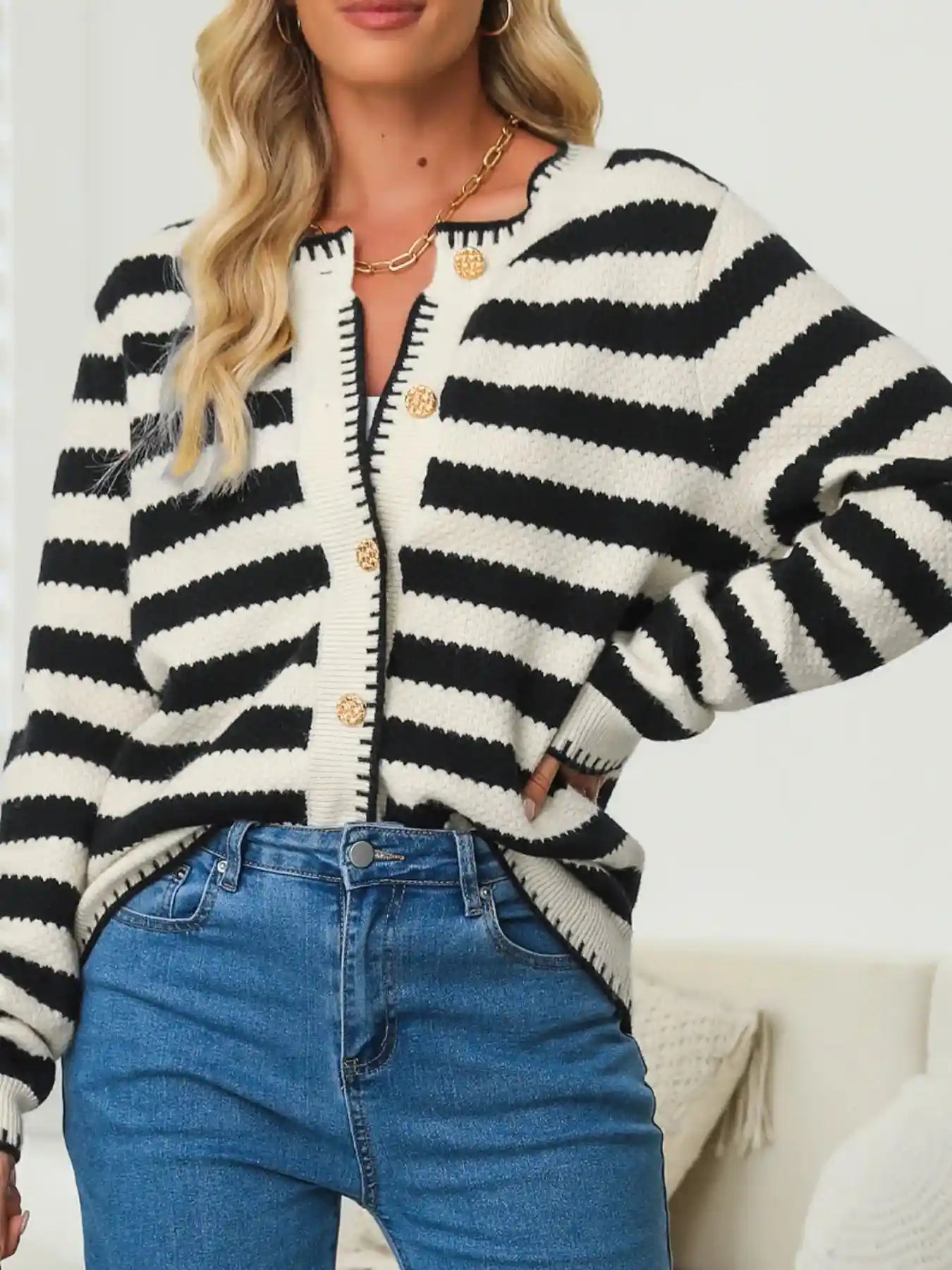 Button Down Striped Long Sleeve Cardigan.