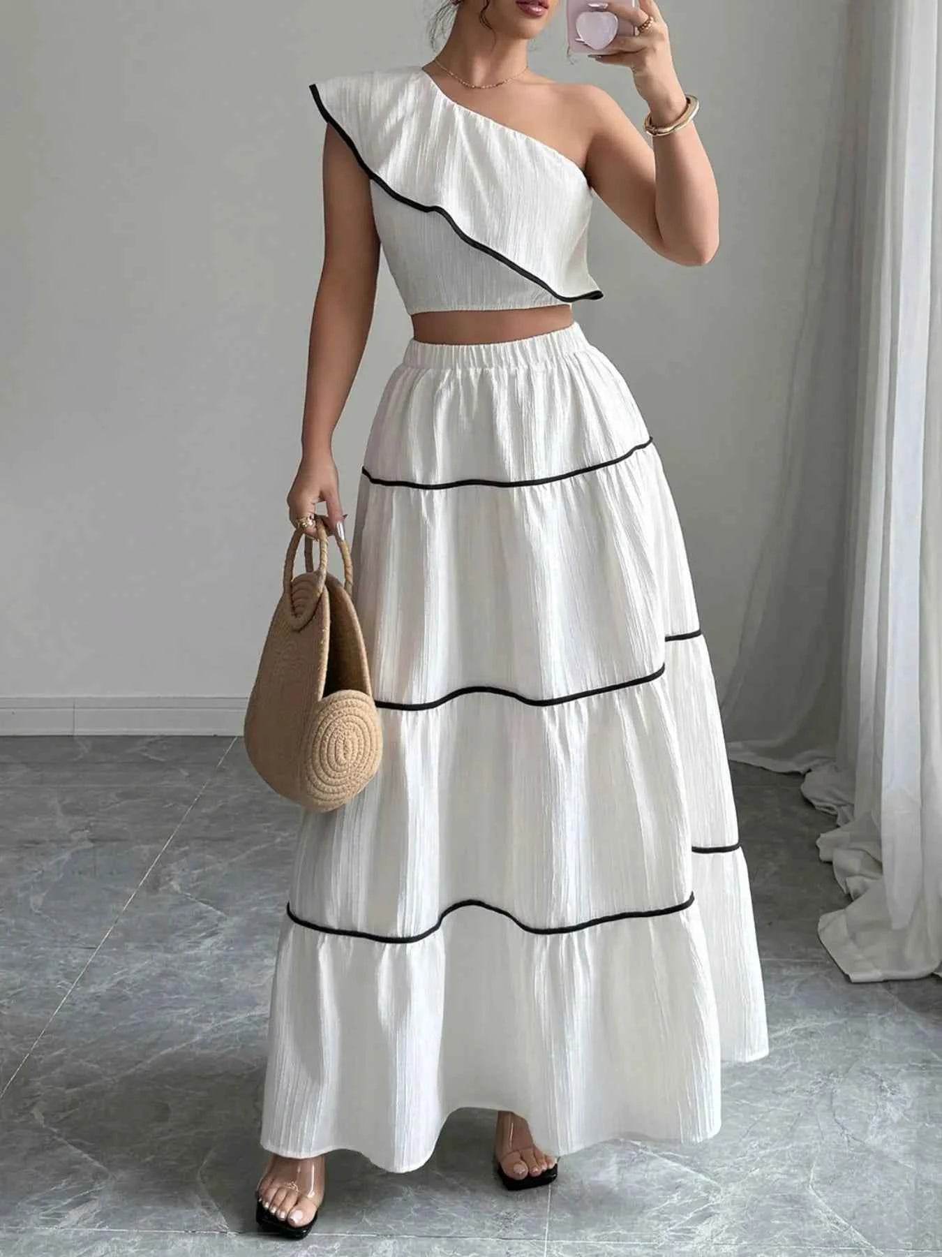 One-Shoulder Ruffle Top and Skirt Two-Piece Set - EBYNN