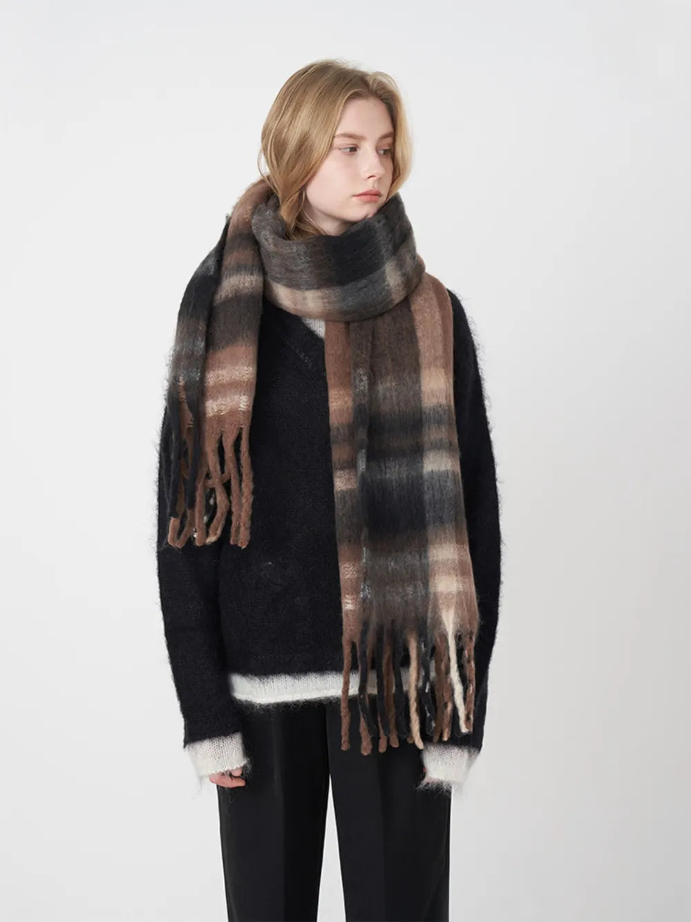 Fringe Plaid Polyester Scarf.