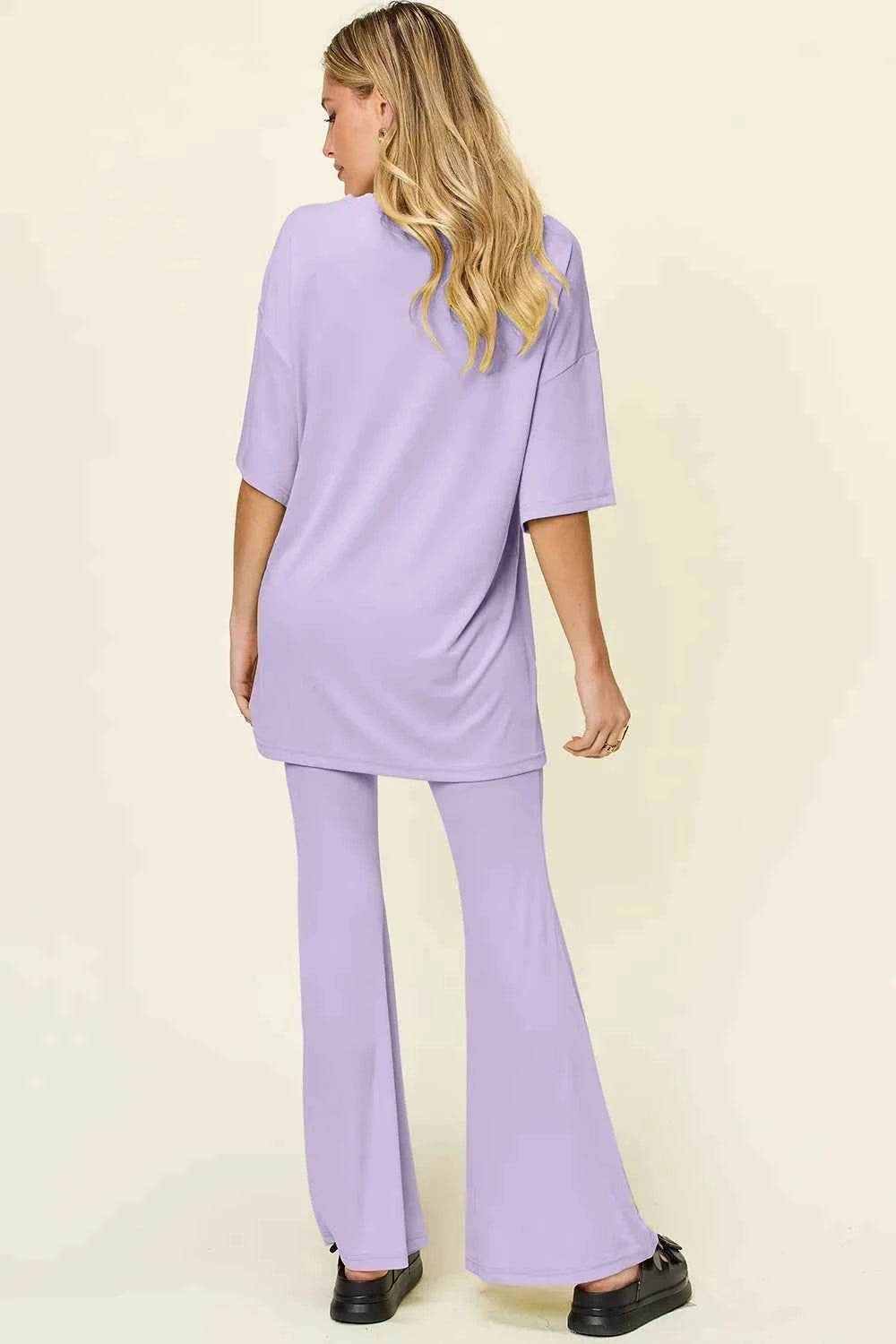 Double Take T-Shirt and Pants Set: Full Size Round Neck Drop Shoulder Style with Flare Pants - EBYNN