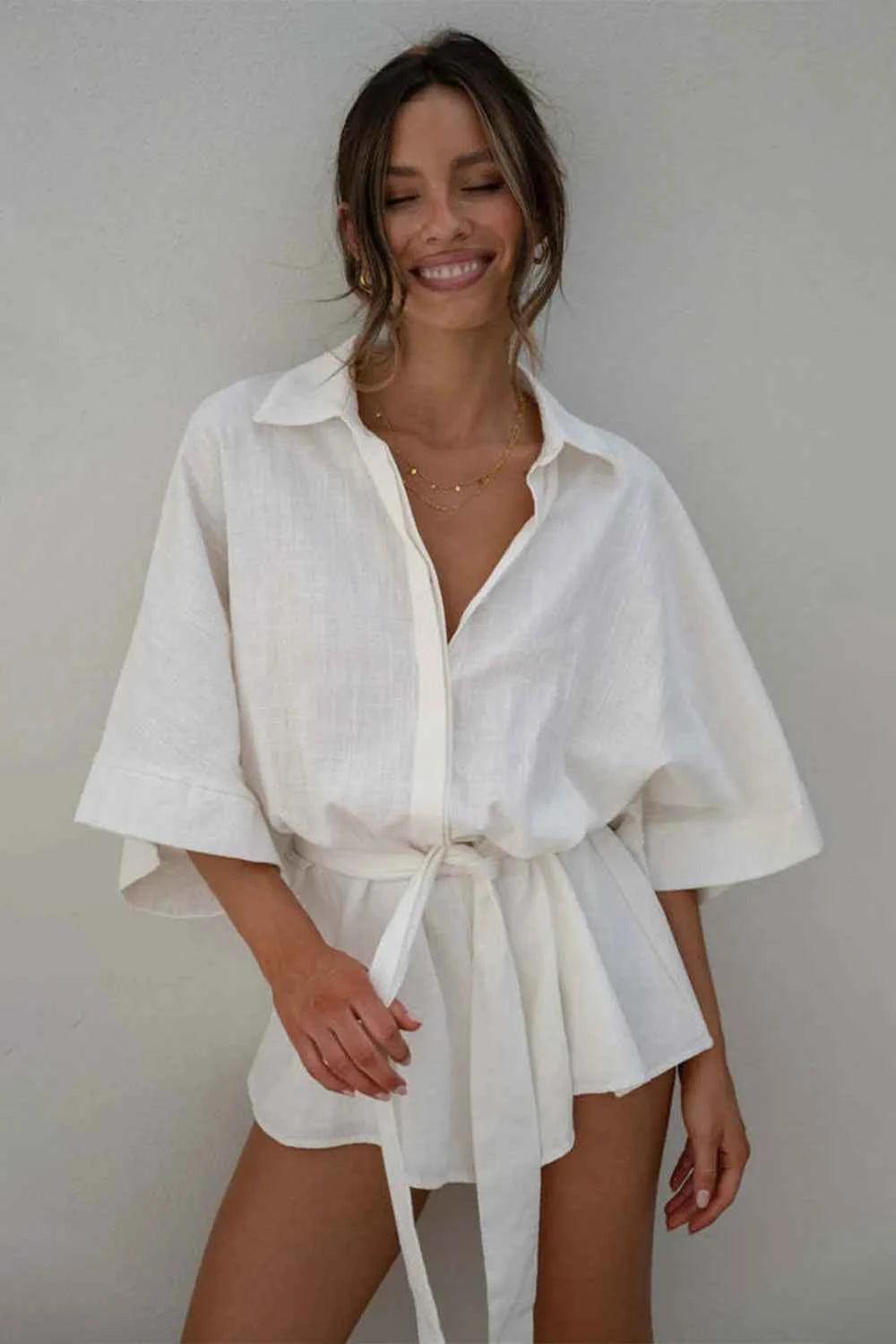 Tied Button Up Collared Neck Cotton Romper.