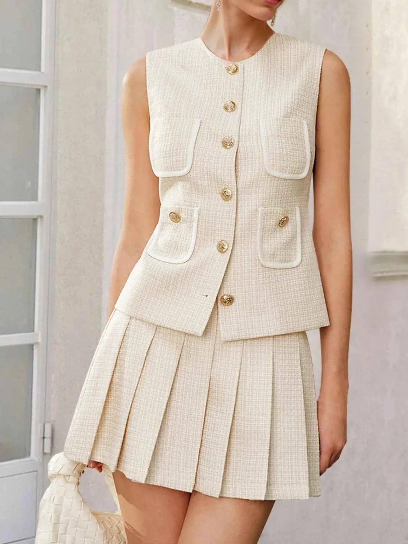 Tweed Button-Front Vest and Pleated Skirt Set.