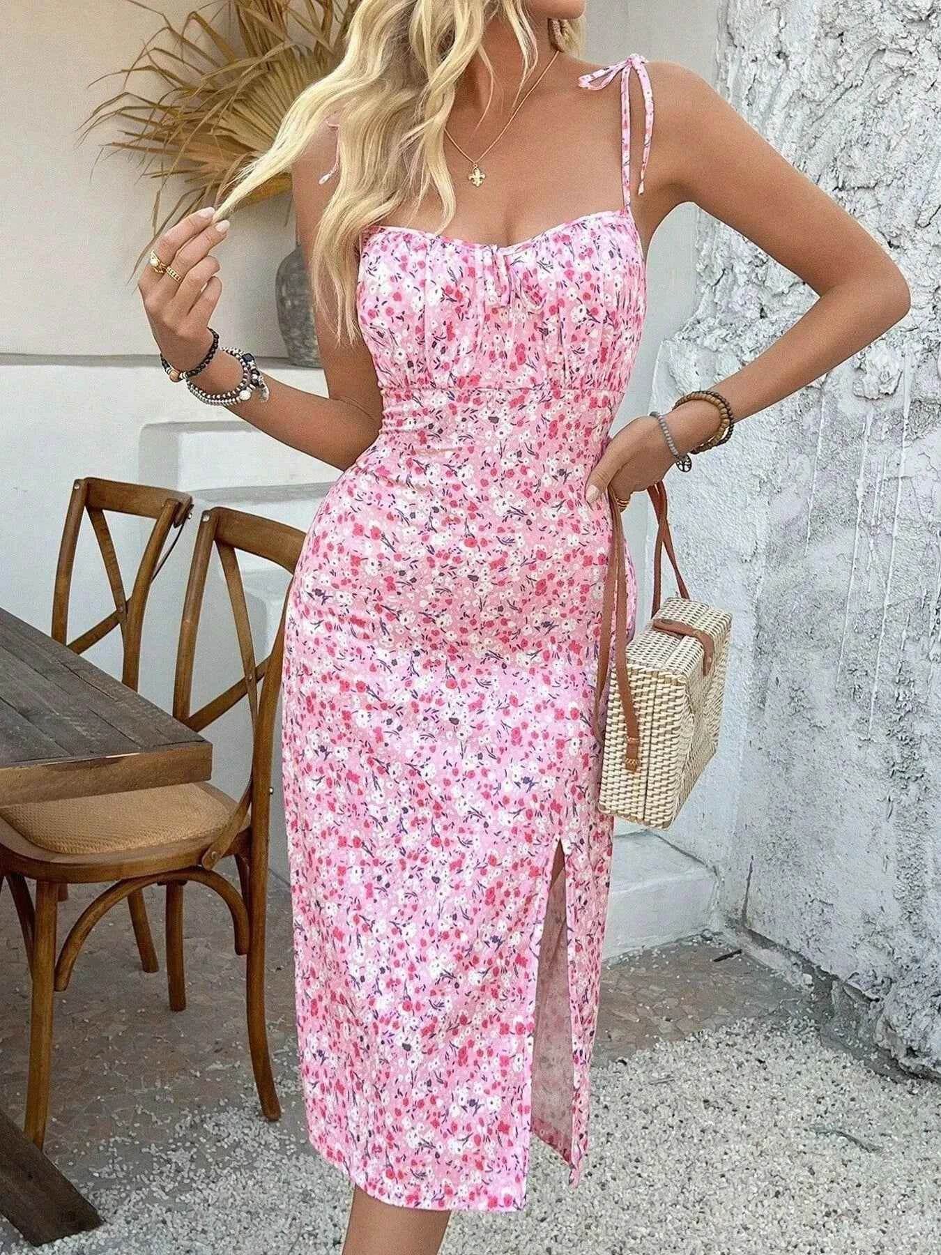 Floral Tie-Shoulder Midi Cami Dress.
