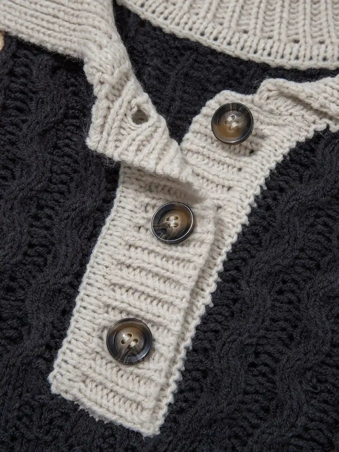 Multicolour Color Block Cable Knit Sleeve Buttons Collared Sweater.