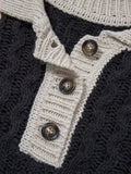 Multicolour Color Block Cable Knit Sleeve Buttons Collared Sweater.