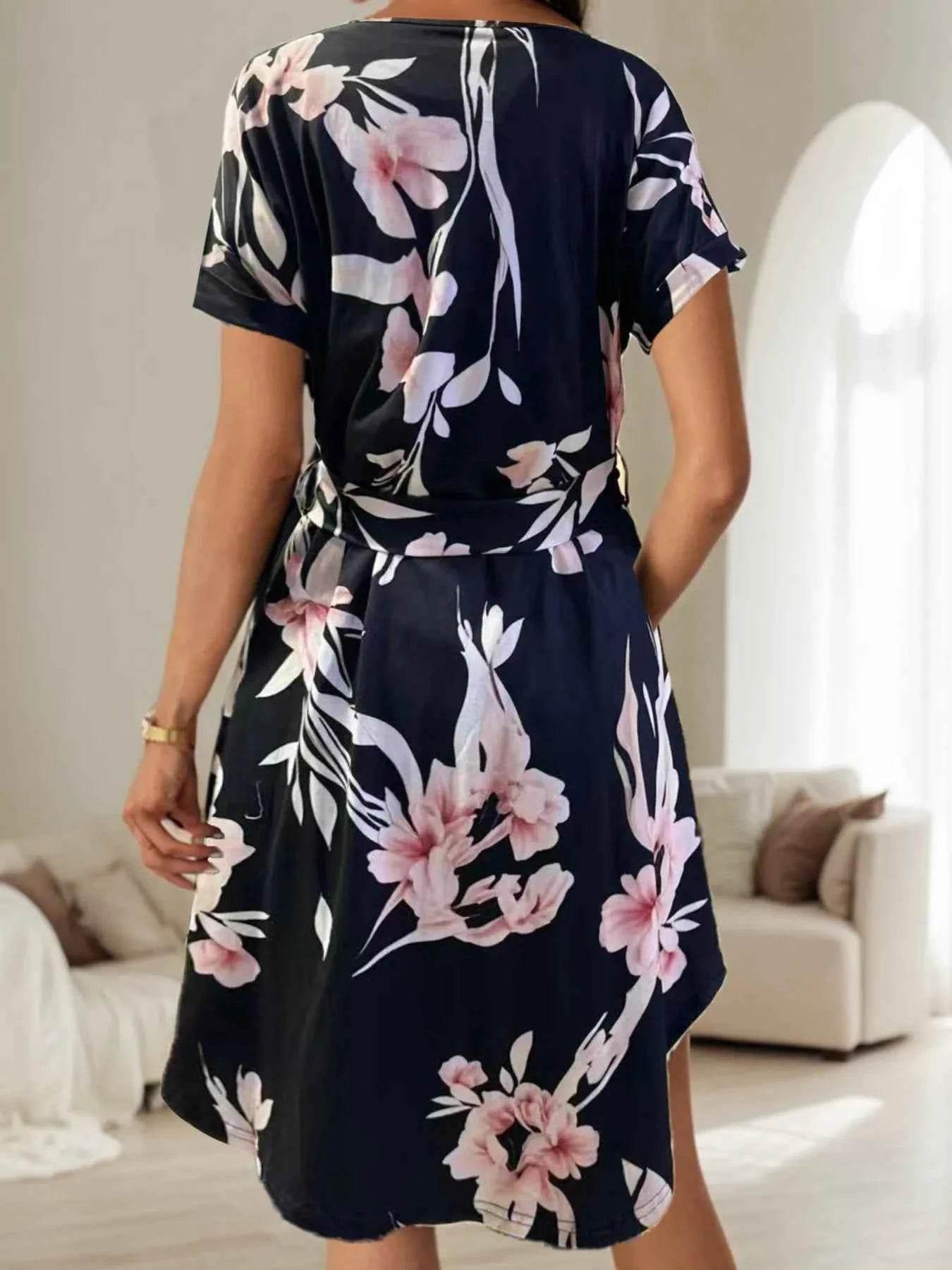 Abstract Print Belted Midi Dress - Short Sleeve.