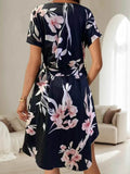 Abstract Print Belted Midi Dress - Short Sleeve.