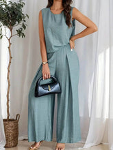 Ruched Round Neck Sleeveless Top and Wide Leg Pants Set - EBYNN