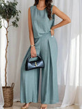 Ruched Round Neck Sleeveless Top and Wide Leg Pants Set - EBYNN