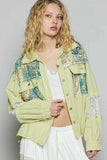 POL Printed Woven Mix Raw Hem Jacket with Lace Detail.
