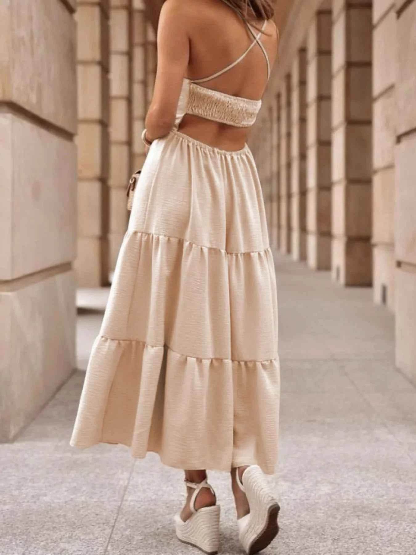 Crossover Backless Bodice Tiered Maxi Dress.