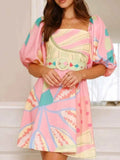 Printed Square Neck Puff Sleeve Dress.