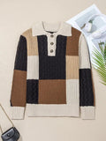 Multicolour Color Block Cable Knit Sleeve Buttons Collared Sweater.