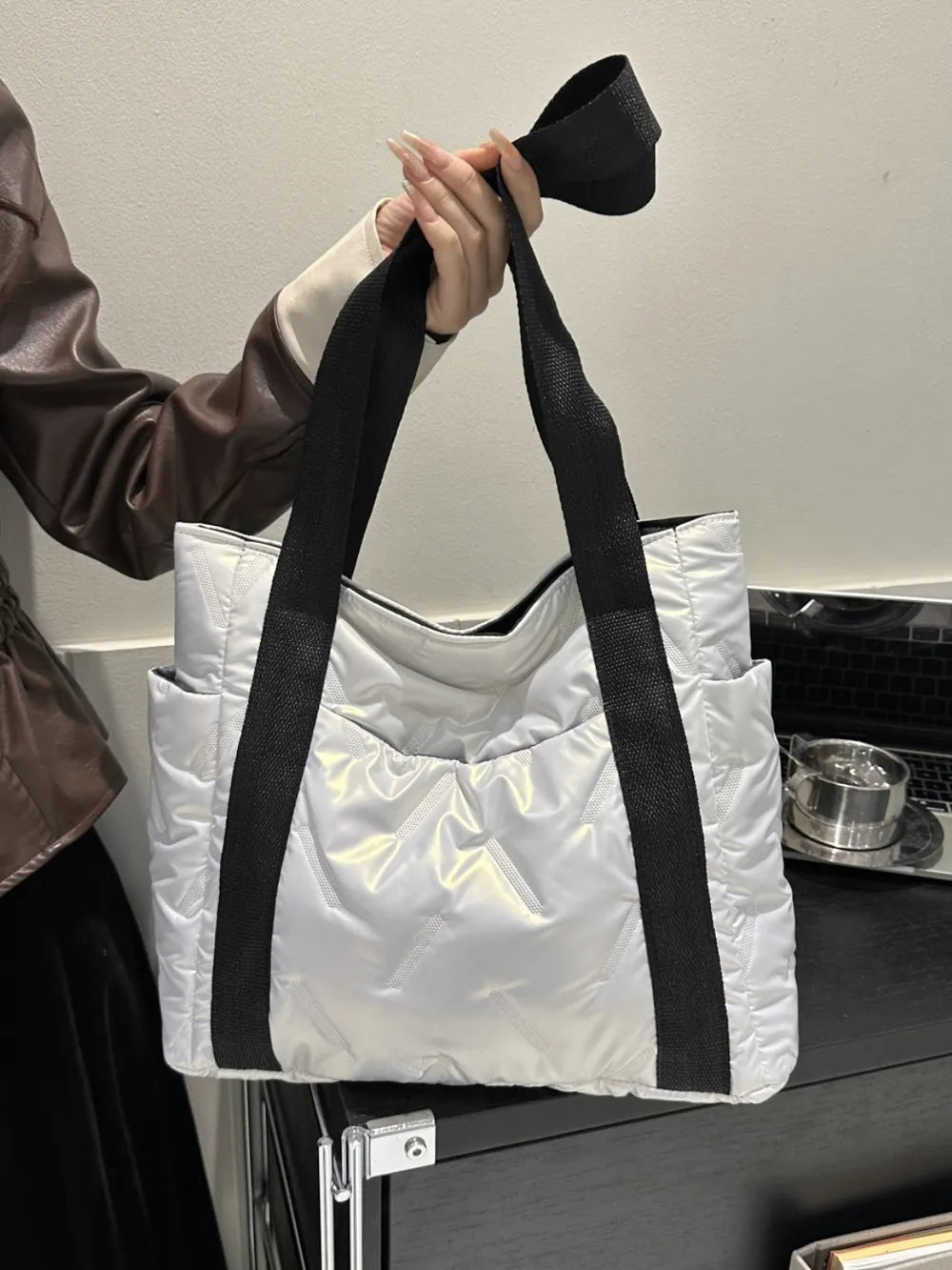 Large Solid Color Tote Bag with Side Pockets.