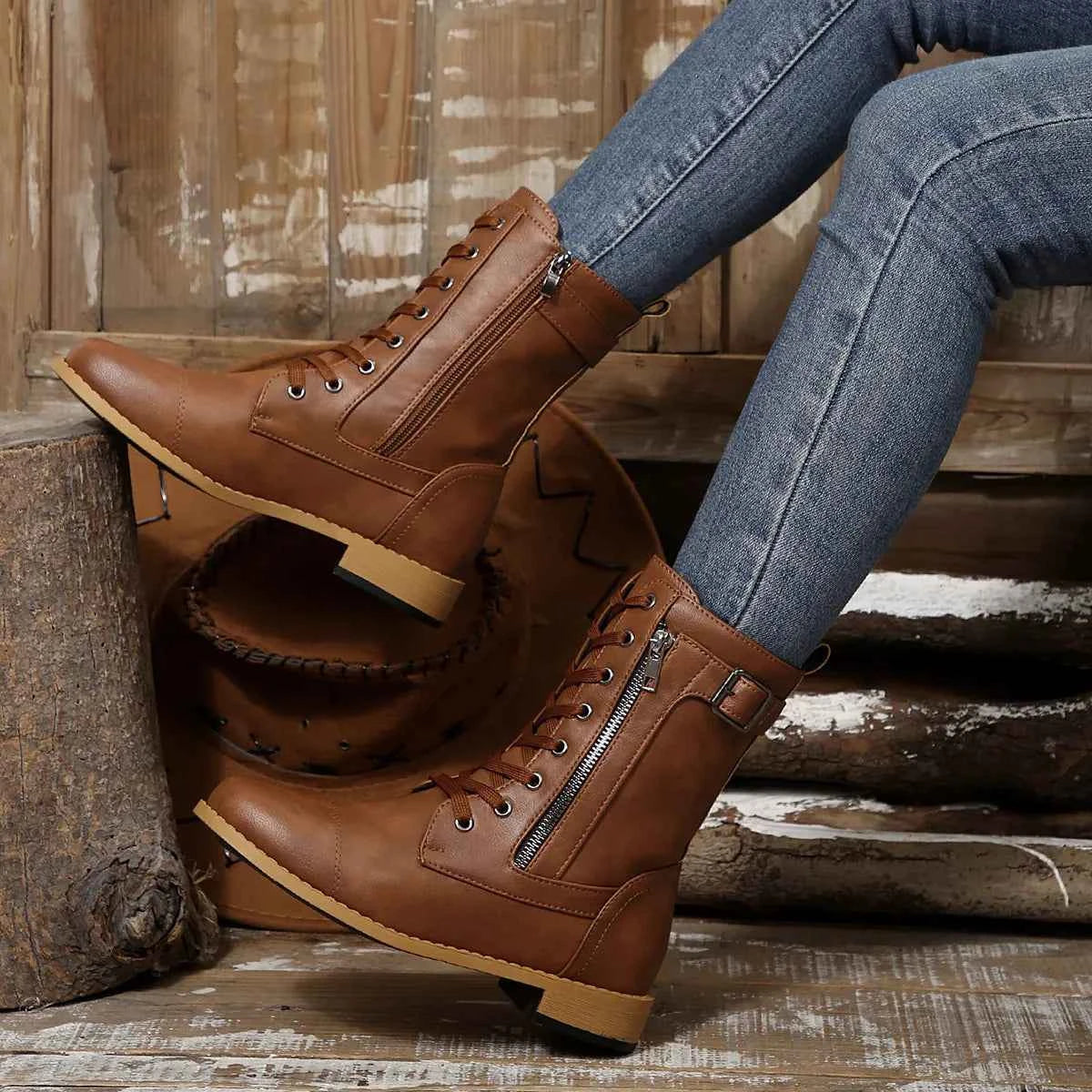 Round Toe Lace-Up Block Heels Boots.