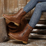 Round Toe Lace-Up Block Heels Boots.