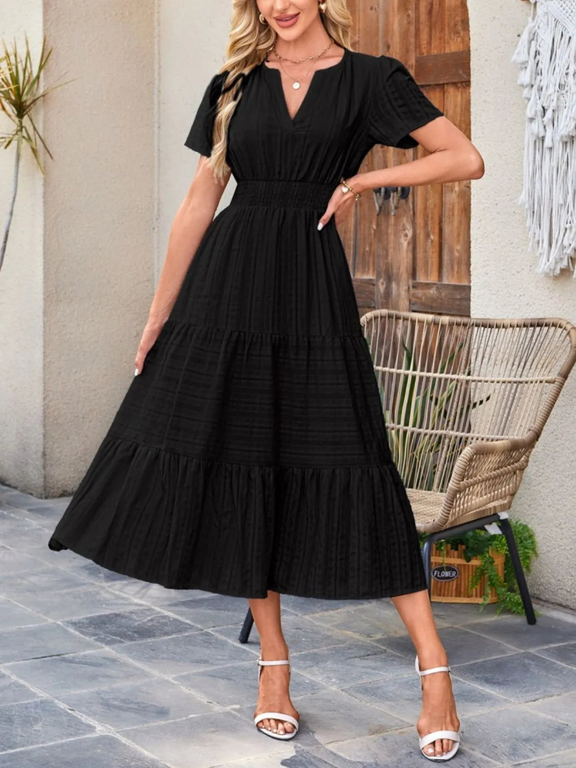 Tiered Notched Short Sleeve Dress.