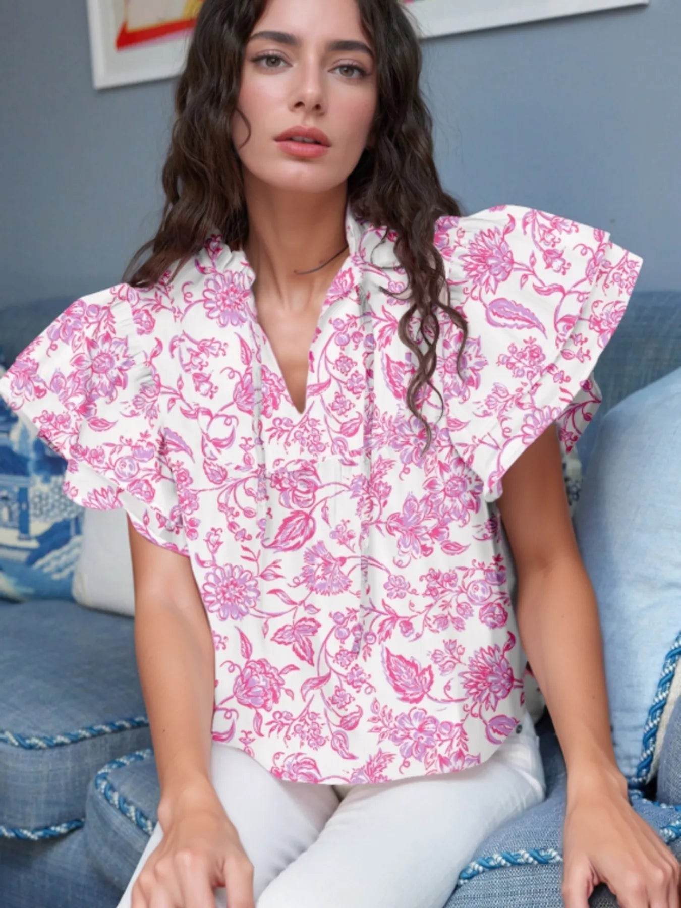 Floral Butterfly Sleeve Blouse - EBYNN